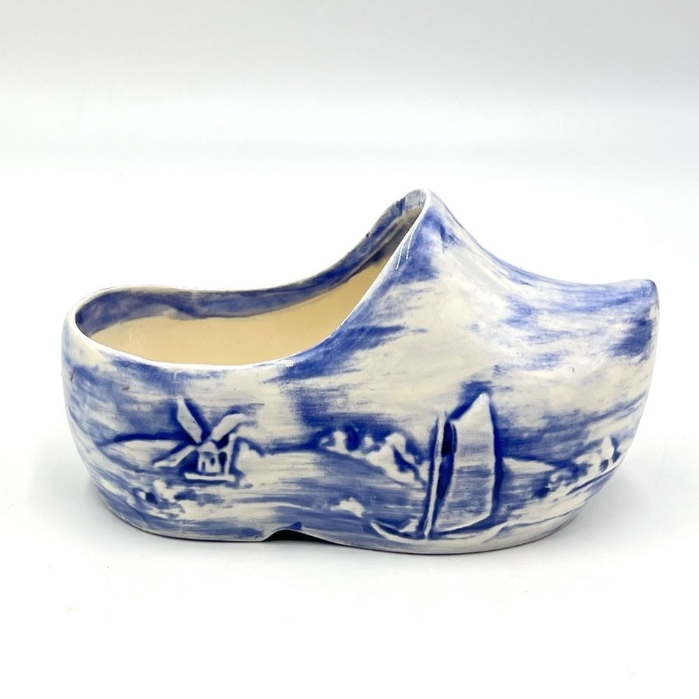 Vintage Holland Pottery Dutch Blue & White Scenic Small Shoe‎ Clog